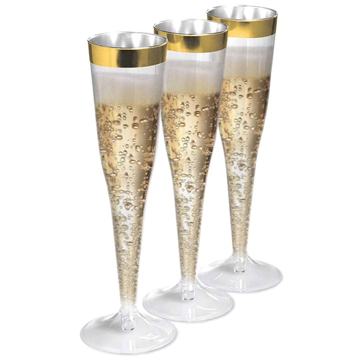 12 Pack 6oz Clear Gold Hollow Stem Plastic Champagne Flute Glasses, Disposable With Detachable Base