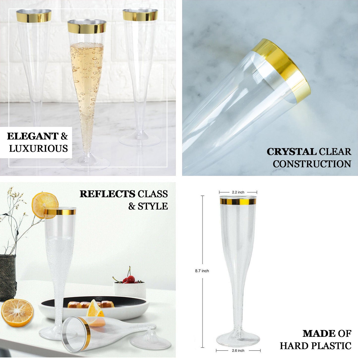 12 Pack 6oz Clear Gold Hollow Stem Plastic Champagne Flute Glasses, Disposable With Detachable Base